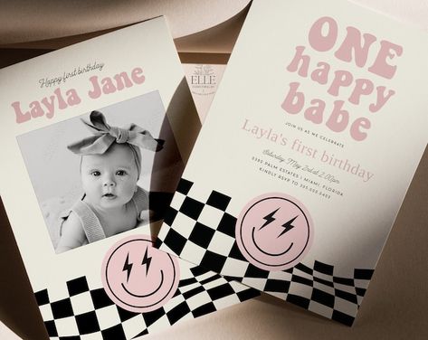 EverythingByElleCo - Etsy Pink Smiley Birthday, One Happy Babe, Smiley Birthday, Baby First Birthday Themes, Birthday Invitation With Photo, Pink Smiley, Invitation With Photo, Baby Birthday Themes, One Year Birthday