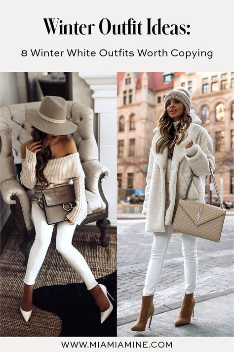 Winter White Outfits For Women Dressy, Winter White Monochromatic Outfit, Wearing White In Winter, Winter White Outfit Dressy, White Pants Outfit Winter Classy, Winter White Party Outfit, Winter Whites Outfits, White Outfits For Women Casual, All White Outfit Winter