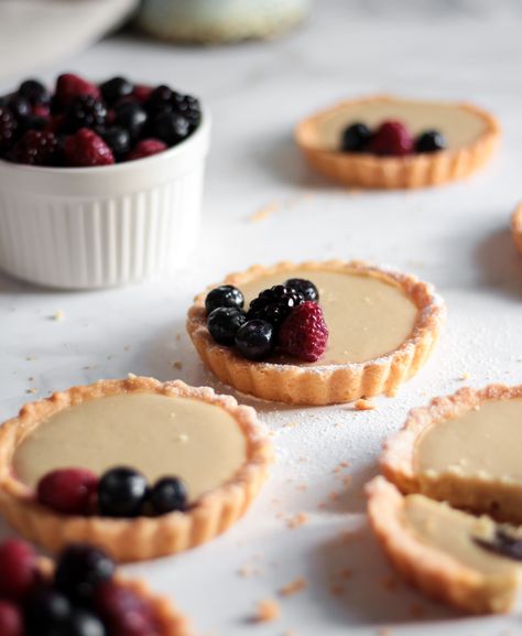 Vegan Fruit Tarts with Custard Recipe – The Simple Sprinkle Shortbread Tart Crust Recipe, Shortbread Tart Crust, Portuguese Tart, Vegan Custard, Tart Crust Recipe, Vegan Shortbread, Custard Recipe, Custard Cream, Fruit Tarts