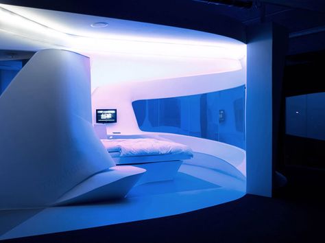 Futuristic Hotel Room Futuristic Hotel, Futuristic Bedroom Design, Futuristic Bedroom Ideas, Futuristic Bedroom, Hotel Room Interior, Futuristic Home, Modern Bedroom Interior, Futuristic Interior, Interiors Magazine