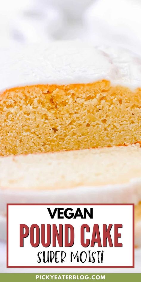 This vegan pound cake is sweet, rich, dense, and so delicious! The comforting vanilla flavor, buttery cake, and simple glaze compliment each other perfectly. With only 10 minutes of prep, you can whip up this easy snack or dessert recipe in no time. Share it with friends at your next party or have a slice for an afternoon pick me up or evening treat! Vegan Pound Cake Recipe, Vegan Pound Cake, Low Calorie Cheesecake, Vegan Sour Cream, Egg Free Recipes, Vanilla Glaze, Healthy Sweet Treats, Vanilla Flavor, Gluten Free Desserts Recipes