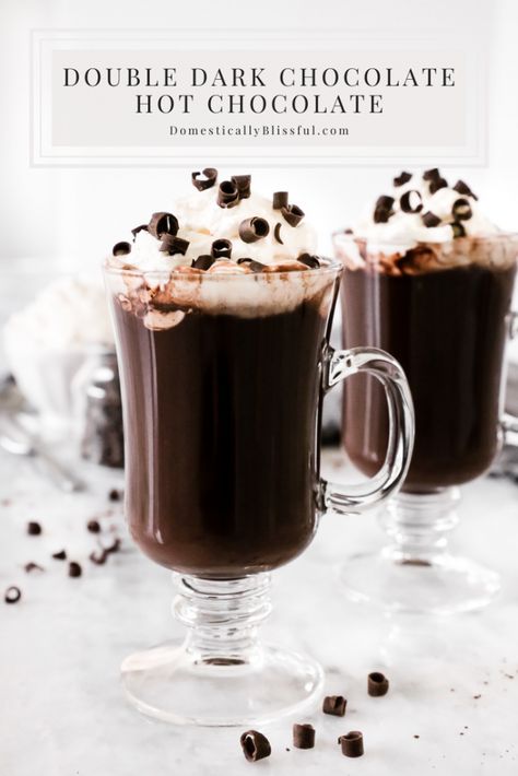 This Double Dark Hot Chocolate is a thick hot chocolate similar to French Hot Chocolate that is rich, creamy, and filled with lots of dark chocolate. French Hot Chocolate, Dark Hot Chocolate, Domestically Blissful, Caramel Hot Chocolate, Mug Of Hot Chocolate, Dark Chocolate Ice Cream, Homemade Dark Chocolate, Vegetarian Recipes Dessert, Chocolate Ice Cream Recipe