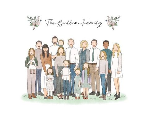 Big Family Drawing, Family Drawing Ideas, Family Drawing Illustration, Illustrated Family Portrait, Disney Princess Fashion, Family Drawing, Family Cartoon, Custom Family Portrait, Family Illustration