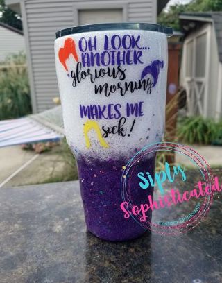 These Hocus Pocus Inspired Tumblers Have Put A Spell On Me And Will Be Mine! Hocus Pocus Tumbler, Fall Craft Fairs, Halloween Spell Book, Cups Ideas, Hocus Pocus Party, Cute Office Decor, Wedding Tumblers, Glitter Tumbler Cups, Diy Resin Projects