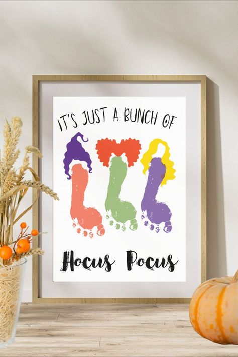 This 'It's Just a Bunch of Hocus Pocus' Footprint Craft is a magical way to celebrate Halloween with your little one! Featuring the iconic Sanderson Sisters, this 'foot'made craft lets your child create a whimsical masterpiece—perfect for festive décor or a fun, personal gift. This is a digital download PDF. This download cannot be edited. Craft Toddler, Sister Crafts, Toddler Craft, Footprint Craft, Hocus Pocus Halloween, Footprint Crafts, Baby First Halloween, Daycare Activities, Footprint Art