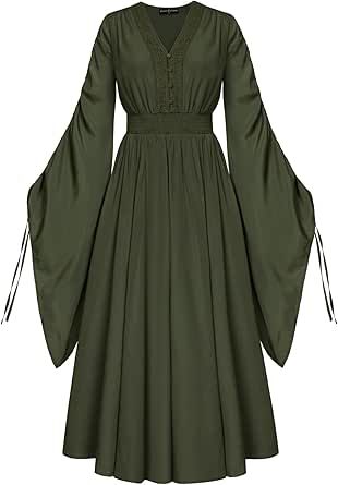 Scarlet Darkness Renaissance Costume Women Fairy Dress V Neck Drawstring Bell Sleeve Long Dress with Pockets Witchy Dress Outfit, Promotion Dresses, Witchy Outfits, First Halloween Costumes, Puff Sleeve Gown, Character Styles, Pretty Halloween Costumes, Dress Book, Elastic Waist Dress