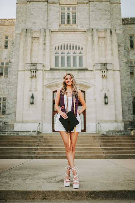 virginia tech, VT, hokies, grad photos, virginia tech grad, graduate, graduation photos, friends, photoshoot, photo ideas, seniors, senior photos, college graduate, college graduation, college photos, white dress, graduation dress Graduation Cap Photoshoot, Graduation Poses Women, College Athlete Graduation Pictures, Grad Photos College, Graduation Dress Photoshoot, Senior College Picture Ideas, Graduation Dress Pictures, December Graduation Pictures, College Pictures Aesthetic