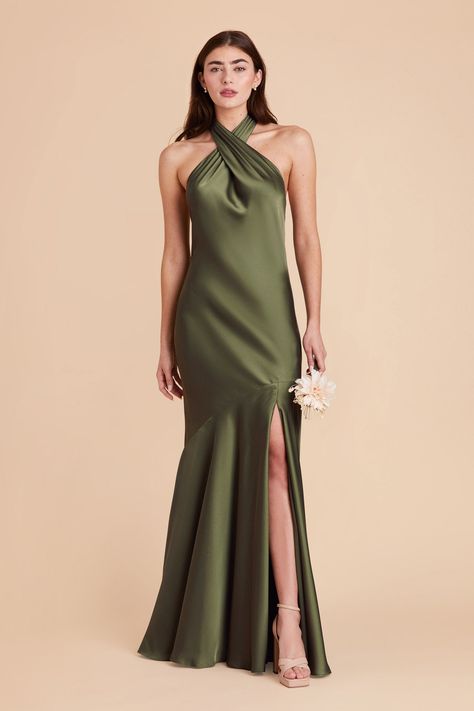 Stephanie Olive Matte Satin Bridesmaid Dress | Birdy Grey Mismatched Green Bridesmaid Dresses, Green Satin Bridesmaid Dresses, Olive Bridesmaid Dresses, Olive Green Bridesmaid Dresses, Charlotte York, Sage Bridesmaid Dresses, Green Satin Dress, Halter Bridesmaid Dress, Halter Prom Dresses