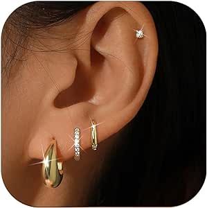 BESTEEL 4 Pairs Gold Silver Hoop Earrings Set for Women Small 14K Gold Filled Dainty Cartilage Huggie Earring Set for Multiple Piercing Hypoallergenic Flat Back Stud Earring Stacks Multiple Piercings Earrings, Earring Stacks, Amazon Jewelry, Huggie Earring, Gold Filled Hoops, Hoop Earring Sets, Jewelry Images, Ear Piercing, Huggie Hoop Earrings