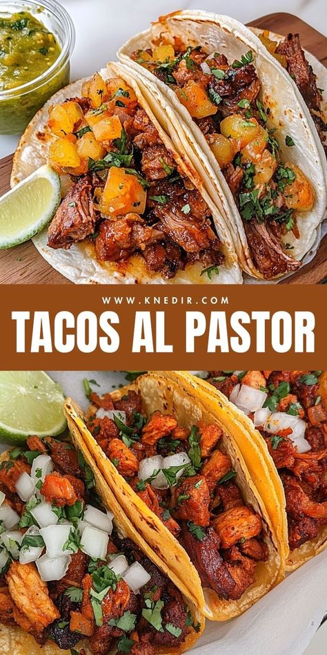 Craving a taste of Mexico? This authentic Tacos al Pastor recipe will transport you to the streets of Mexico City! Tender, marinated pork is perfectly cooked with sweet pineapple for that irresistible taco al pastor flavor. Perfect for Taco Tuesday or any weeknight dinner, this dish is easy to make and packed with flavor. 🥑🌮 Serve with fresh salsa, cilantro, and a squeeze of lime for the ultimate experience! #TacosAlPastor #MexicanFood #TacoRecipe #AuthenticTacos #PineappleTacos Tacos Al Pastor Instant Pot, Chicken Pastor Tacos, Al Pastor Recipe Instant Pot, Pork Pastor Tacos, Easy Tacos Al Pastor, Authentic Al Pastor Tacos, Taco Al Pastor Recipe, Dinner Recipes Mexican Authentic, Pork Taco Meat Recipes