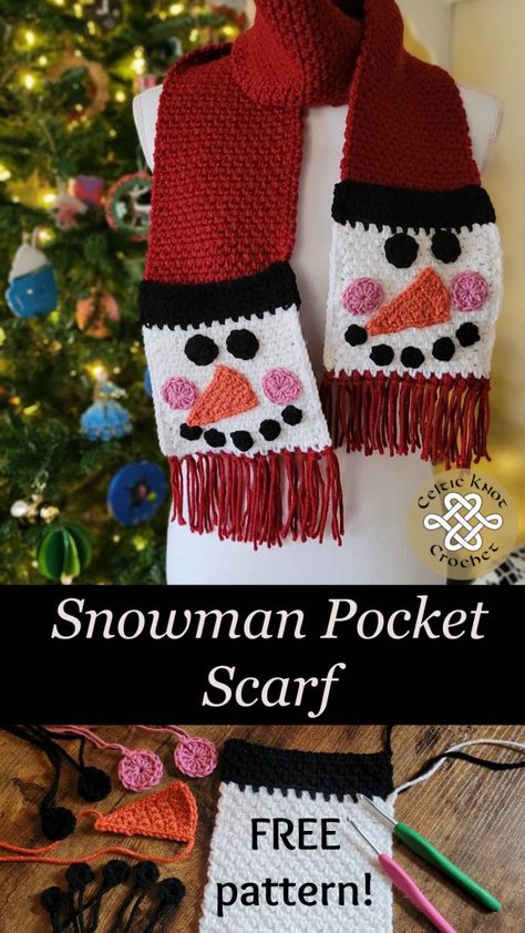 Crochet Snowman Scarf - FREE Pattern -Celtic Knot Crochet Christmas Scarf Pattern, Christmas Scarf Crochet, Beginner Scarf, Diy Crochet Scarf, Winter Scarf Pattern, Scarf Crochet Patterns, Crochet Patterns Beginner, Bright Crochet, Crochet Scarf Easy