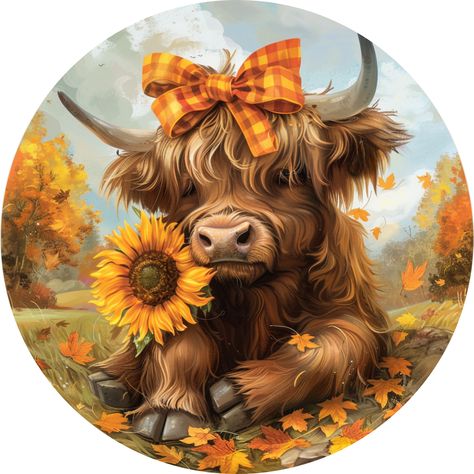 Adorn your home with the charm of the highlands during fall with our "Autumn Highland Cow" metal wreath sign. This delightful sign features a shaggy Highland cow, complete with a cheerful plaid bow and a sunflower, against a backdrop of autumn leaves and trees. The warm hues and pastoral scene create a cozy, inviting atmosphere, perfect for welcoming guests during the harvest season or adding a touch of rustic elegance to any room. 8", 10", 11.75" Choose size Highland Cow Art Drawings, Highland Cow Sublimation Designs, Subliminal Design, Cow Cartoon Images, Highland Cow Pictures, Farm Animal Paintings, Western Journal, Fancy Bows