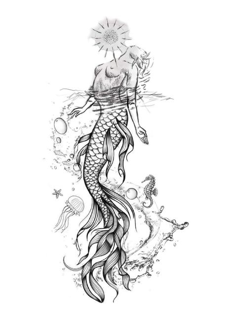 Mermaid With Locs Tattoo, Mens Mermaid Tattoo, Mermaid Reaching Up, Mermaid Trident Tattoo, Siren Tattoo Dark Mermaid, Amanda Tattoo, Black Mermaids, Ocean Theme Tattoos, Mermaid Sleeve Tattoos