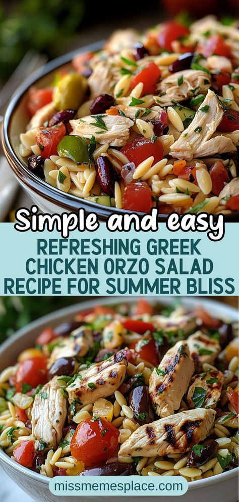 Dive into summer with this Refreshing Greek Chicken Orzo Salad Recipe! Perfect for picnics and gatherings, this vibrant salad combines marinated grilled chicken, colorful bell peppers, cherry tomatoes, and crunchy cucumbers, all tossed with orzo pasta. The zesty lemon vinaigrette ties together the fresh flavors, making it a delightful dish that’s both healthy and satisfying. Enjoy the Mediterranean taste in every bite while impressing your guests with this easy-to-make recipe! Greek Chicken Orzo Salad, Greek Chicken Orzo, Chicken Orzo Salad, Chicken Breast Pasta, Orzo Salad Recipes, Recipe For Summer, Chicken Orzo, Orzo Salad, Lemon Vinaigrette