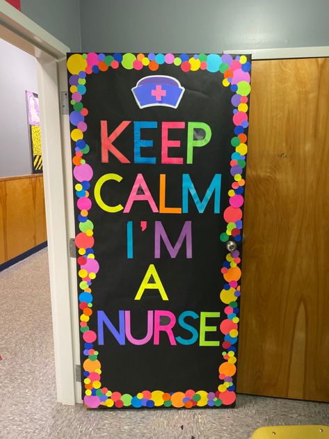 Nurse Station Decor Ideas, Nurse Office Door Ideas, Bulletin Board Ideas For School Nurse, Nurses Room School, Elementary School Clinic Decor, School Nurse Office Themes, Elementary Nurse Office Decor, Nurses Day Decoration Ideas, School Nurse Door Decoration Ideas