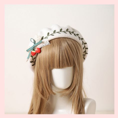 Strawberry Beret, White Beret, Christmas Strawberry, Cute Beret, Strawberry Hat, Cute Strawberry, Cute Fruit, Beret Hat, Sweet Lolita