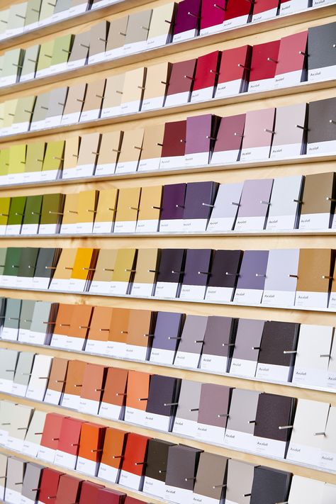 Paint Swatches Paint Samples Aesthetic, Interior Design Swatches, Paint Swatches Aesthetic, Paint Shop Interior Design, Paint Swatch Wall, Paint Swatches Wall, Paint Showroom, Fabric Swatch Display, Swatch Board