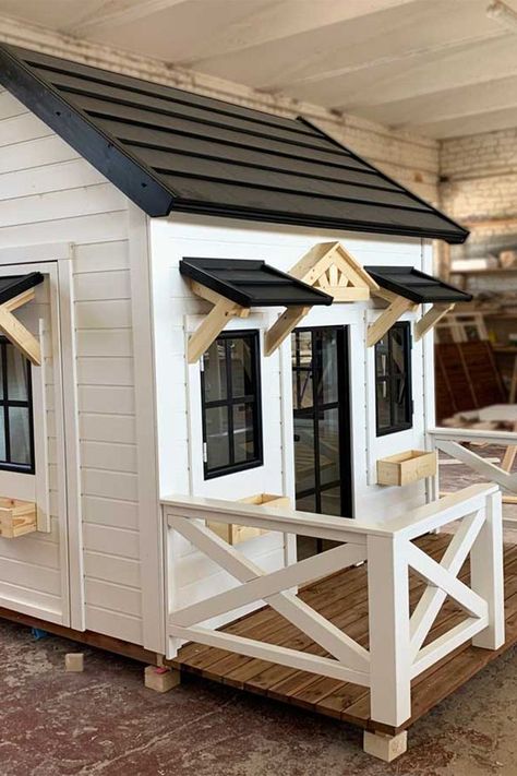 Farmhouse Playhouse, Kids Wooden Playhouse, Wooden Outdoor Playhouse, Playhouse Interior, Custom Playhouse, Kids Playhouse Outdoors, Wood Playhouse, Playhouse Plans, Indoor Playhouse