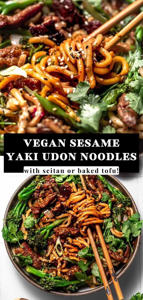 The vegan sesame yaki udon noodles are an easy and quick weeknight dinner. This stir fry has soft slurp-able udon noodles, high protein seitan 'beef' (or baked tofu), and broccolini all tossed in a sesame sauce. You could substitute in regular broccoli, rice noodles or another type of noodle you love! Top with cilantro and green onion for the perfect easy vegetarian & vegan dinner, lunch, or date night recipe. Sesame Udon Noodles, Vegan Yaki Udon, Udon Vegetarian, Broccoli Rice Noodles, Seitan Beef, Beef Udon Noodles, Tofu Udon, Vegan Udon Noodles, Vegan Udon