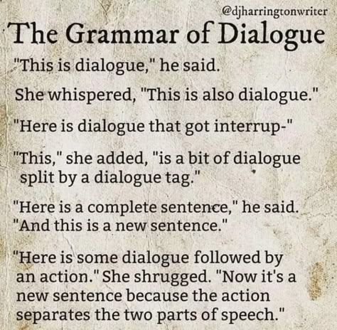 Writing Grammar Dialogue Danielle Harrington, Teaching Dialogue, Book Writing Ideas, Writing Club, Writing Plot, Writing Inspiration Tips, Writer Tips, Writing Fantasy, Writing Dialogue Prompts