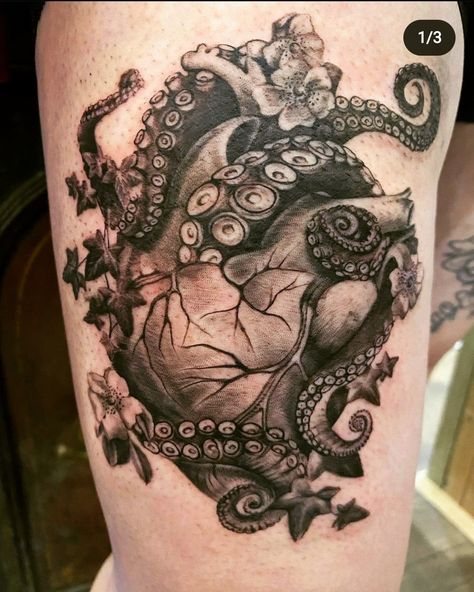 Floral tenticles octopus anatomical heart Matching Octopus Tattoo, Octopus Heart Tattoo, Hippocampus Tattoo, Octopus Heart, Anatomical Heart Tattoo, Shell Tattoos, Octopus Tattoo Design, Octopus Tattoo, Calf Tattoo