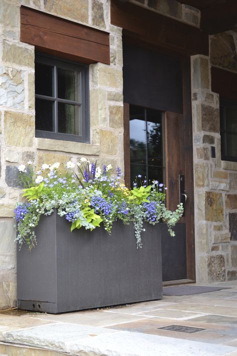 Front Porch Rectangle Planter Ideas, Long Planter Boxes Front Of House, Rectangular Planter Box Ideas, Rectangle Planter Ideas, Chakra Garden, Long Planter Boxes, Yard Planters, Square Planter Boxes, Front Door Plants