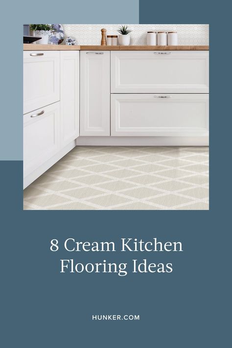 We've gathered a few cream kitchen flooring ideas to inspire you. From light hardwood to patterned tile, this hue can work with a variety of styles. #hunkerhome #flooring #kitchen #kitchenflooring #flooringideas Cream Kitchen Flooring Ideas, Farmhouse Tile Floor Kitchen, Ceramic Floor Tiles Kitchen, Beige Tile Kitchen Floor, Kitchen Tile Floor Next To Hardwood, Beige Tile Kitchen, Tan Flooring, Cream Shaker Kitchen, Ceramic Tile Floor Kitchen