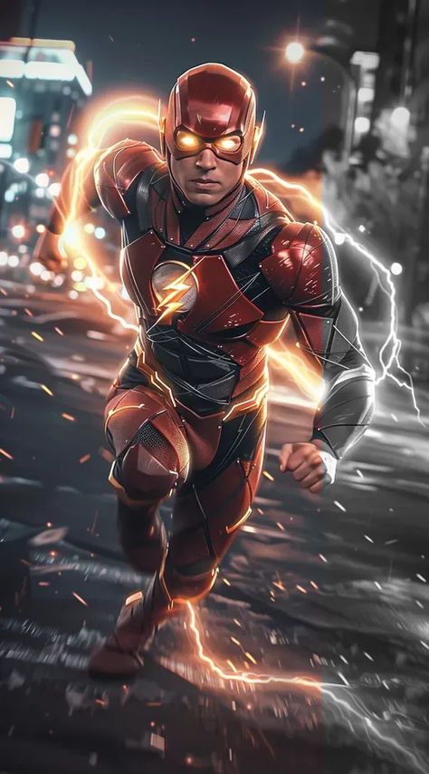 Full Color Image in ai-img-gen.com 🔸 The Flash running through the city at night, with a full body shot, featuring speed lines, glowing e... 🔸 From Midjourney AI Image The Flash Running, Red And Black Suit, Berry Allen, Flash Running, Speed Lines, Red Superhero, Flash Vs, The City At Night, Dc Art