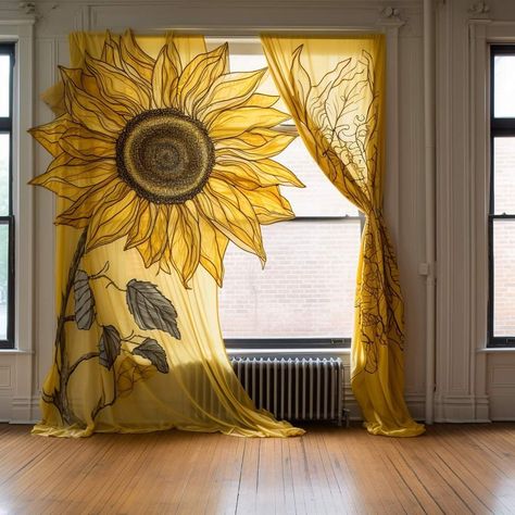 Sunflower curtain Sunflower Curtains, Updating House, Ranch House, So Beautiful, Aquamarine, Paint Colors, Sunflower, Sweet Home, Nursery