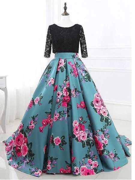 Ball Gown Scoop neck Chapel Train Lace Two Piece Quinceanera Dresses 2877 – BohoProm Court Train Prom Dress, Backless Ball Gown, Floral Prom Dresses, Prom Dresses Two Piece, Looks Party, Ball Gown Skirt, فستان سهرة, Gown Prom, Half Sleeve Dresses