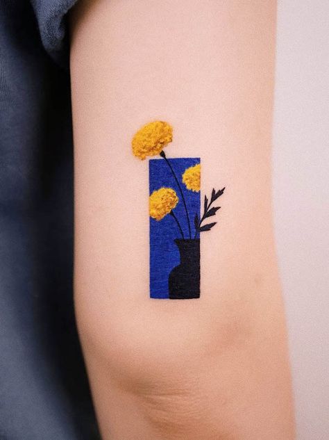 96 Birth Flower Tattoos For Each Month - Our Mindful Life Yellow Tattoo Healed, Amazing Small Tattoos, Minimalist Color Tattoo, Color Block Tattoo, Classic Art Tattoo Minimalist, Color Test Tattoo, Color Ink Tattoos, Pantone Tattoo, Small Color Tattoo