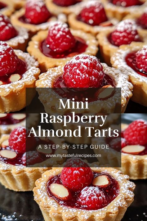 These mini raspberry almond tarts are the perfect balance of sweet and nutty, with a smooth almond filling and a pop of raspberry goodness! Mini Raspberry Almond Tarts, Raspberry Appetizers, Gluten Free Mini Desserts, Mini Tarts Dessert, Raspberry Almond Tart, Raspberry Custard Tart, Dessert Tarts Mini, Raspberry Pastry, Raspberry Tart Recipe