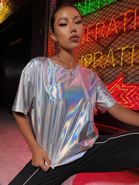 Silver Shirt, Disco Club, Drop Shoulder Tee, Cyberpunk Style, Fashion Buyer, Fantasy Clothing, Festival Outfit, Women Tops, Half Sleeve