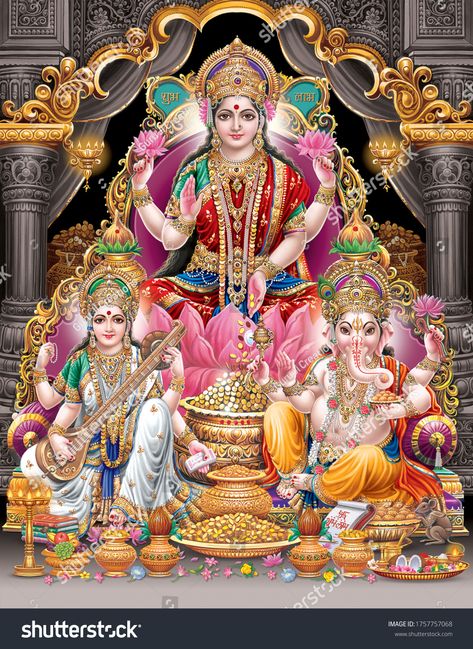 Lakshmi Ganesh Saraswati Hd Wallpaper, Lord Saraswati, Om Gam Ganapataye Namaha, Traditional Background, Saraswati Photo, Diwali Pooja, Devi Images Hd, Pooja Decoration, Goddess Laxmi