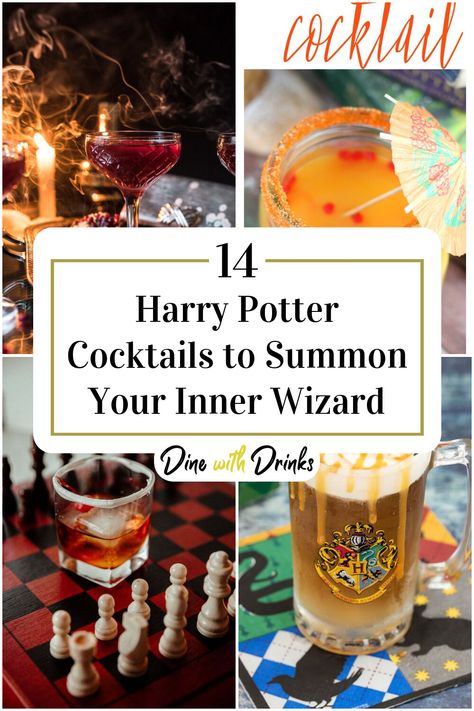 Collage of 4 harry potter cocktails. Harry Potter Party Cocktails, Easy Harry Potter Recipes, Harry Potter Punch Recipes, Harry Potter Party Drinks, Harry Potter Drinking Games, Themed Cocktail Ideas, Harry Potter Theme Drinks, Harry Potter Themed Alcoholic Drinks, Harry Potter Inspired Drinks