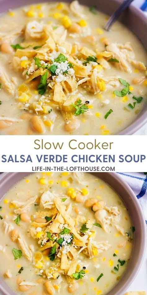 Slow Cooker Salsa Verde Chicken Soup - Life In The Lofthouse Slow Cooker Salsa Verde Chicken, Easy Chicken Chili, Best Soups, Chicken Verde, Chicken Beans, Slow Cooker Salsa, Chicken Cooker, Verde Chicken, Creamy White Chicken Chili