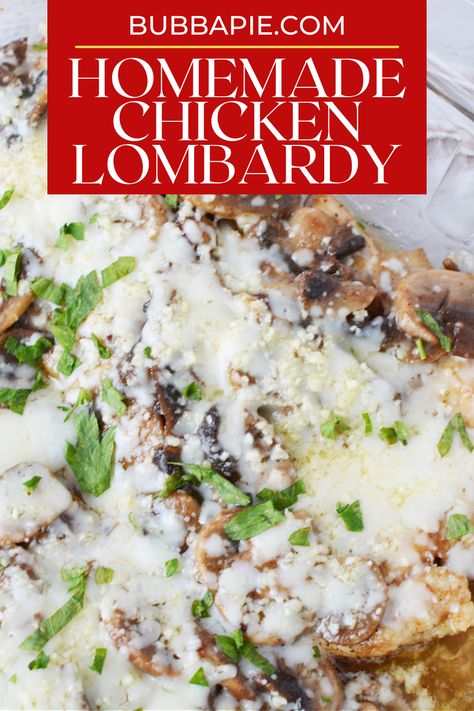 This Chicken Lombardy is a easy family dinner with a Fancy Flair! Tender chicken is pan seared then then baked in a rich marsala wine sauce. Loaded with mushrooms and cheese, it's a delicious dish any night of the week! Lombardy Chicken, Freezing Chicken, Chicken Lombardy Recipes, Chicken Lombardy, Chicken And Mushrooms, Easy Family Dinner, Marsala Wine, Chicken Marsala, Sauteed Chicken