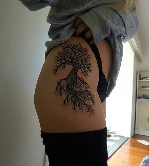 tree thigh/hip tattoo! Thigh Tree Tattoos Women, Hip Tree Tattoo, Willow Tree Hip Tattoo, Huge Hip Tattoo, Thigh Tree Tattoo, Tree Hip Tattoos Women, Tree Thigh Tattoo Women, Tree Tattoo On Thigh, Hip Tattoos Women Side Thighs Unique