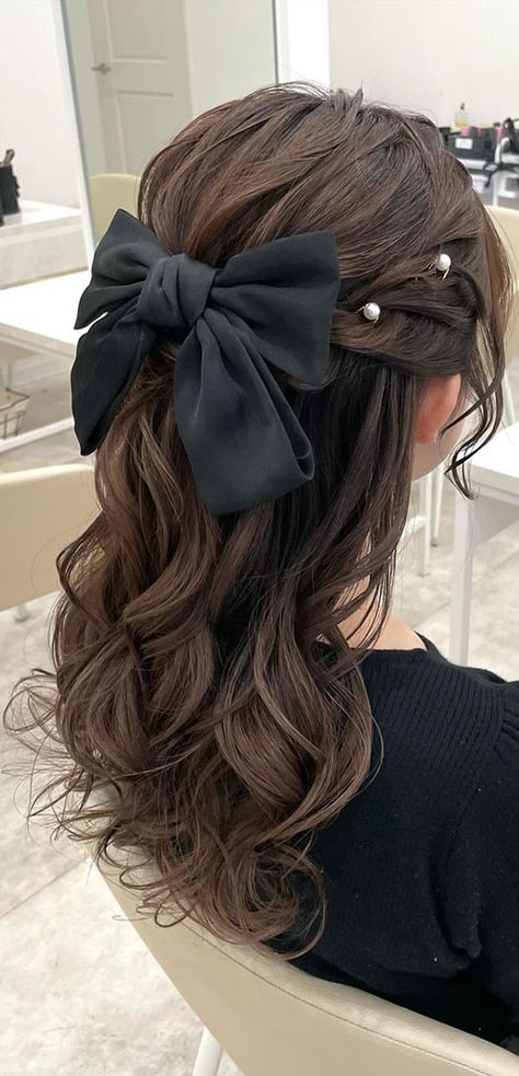 half up half down with bow, easy half up with bow, easy bun hairstyle with bow, bow hairstyles, bubble braid with bow, bun with bow cute hairstyle, coquette hairstyle, bubble ponytail with bow, everyday hairstyle, ponytail with bow Half Bun Hairstyle, Half Bun Hairstyles, Hairstyle For Prom, Half Up Half Down Hair Prom, Easy Hairstyles For Medium Hair, Bow Hairstyle, Trendy Hairstyle, Clip Hairstyles, Bun Hairstyle