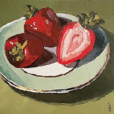 Original small oil painting of three red strawberries on a green and white plate against a green background. Painted with a palette knife in a contemporary loose impressionist style. Great home decor for the kitchen or dining room. Wonderful present for anniversaries, birthdays or housewarming. Available in online shop at ambiancepaintings.com. Bowl Of Strawberries Painting, Oil Painting Strawberry, Red Painting Ideas On Canvas, Strawberries Painting, Acrylic Painting Still Life, Painted Strawberries, Strawberry Painting, Fruit Sketch, Art Wednesday