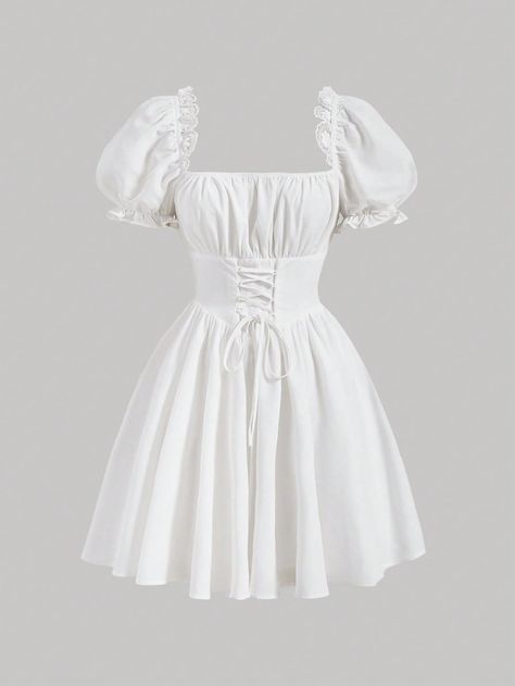 White Cute Collar Short Sleeve Woven Fabric Plain Fit and Flare Embellished Non-Stretch  Women Clothing Cute White Dress Aesthetic, Cute Short White Dress, Simple White Dress Short, White Dresses Simple, Short Simple Dress, White Simple Dress, White Cute Dress, Flare Dress Outfit, White Short Dresses