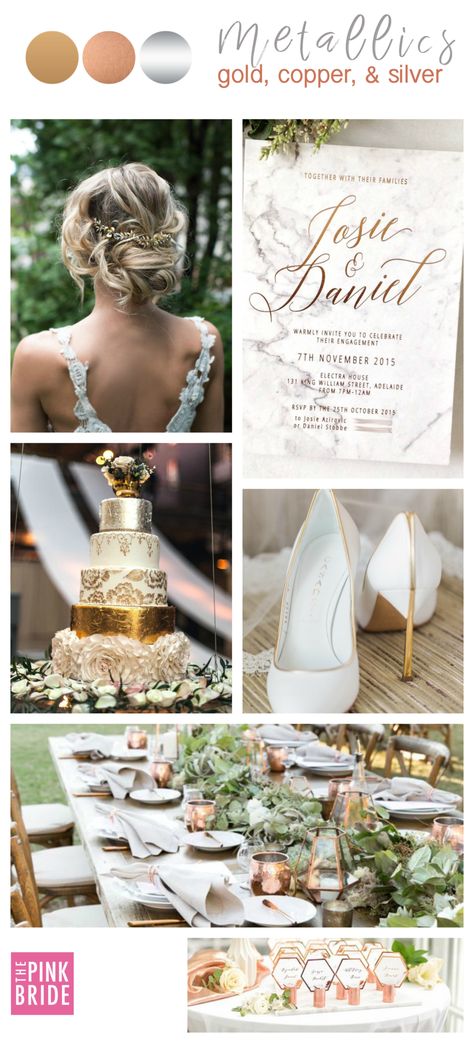 Metallics Wedding Color Palette With Gold Silver And Copper Details | The Pink Bride®️��️ www.thepinkbride.com Rose Gold Wedding Palette, Metallic Wedding Colors, Wedding Color Schemes Gold, Color Palette With Gold, Wedding Colors Schemes, Mixed Metals Wedding, Pillar Candles Wedding, Wedding Theme Color Schemes, Wedding Color Pallet