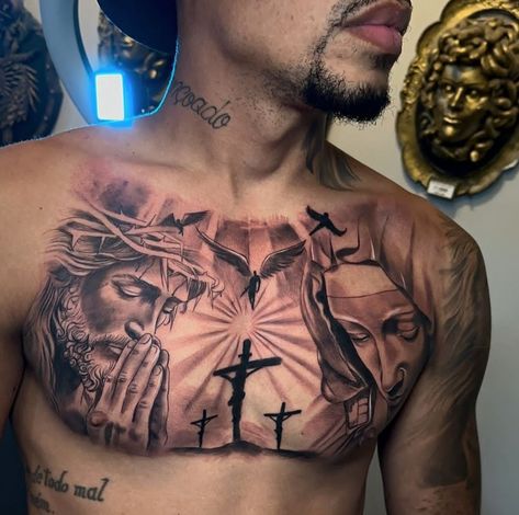 Jesus Chest Tattoo Men, Jesus Piece Tattoo, Chest Tattoo Drawings, Tattoo Wings, Tatts Ideas, Tattoo Chest, Jesus Tattoo, Chest Tattoos, Tattoo Portfolio