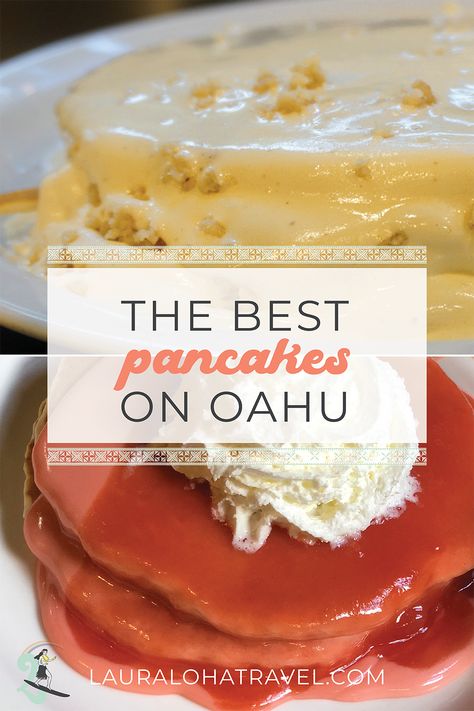 Oahu Hawaii Pancakes with Guava and Macadamia Nuts Hawaiian Breakfast Ideas, Guava Pancakes, Hawaiian Pancakes, Hawaiian Cafe, Hawaii Eats, Oahu Food, Pineapple Pancakes, Instagrammable Food, Macadamia Nut Pancakes