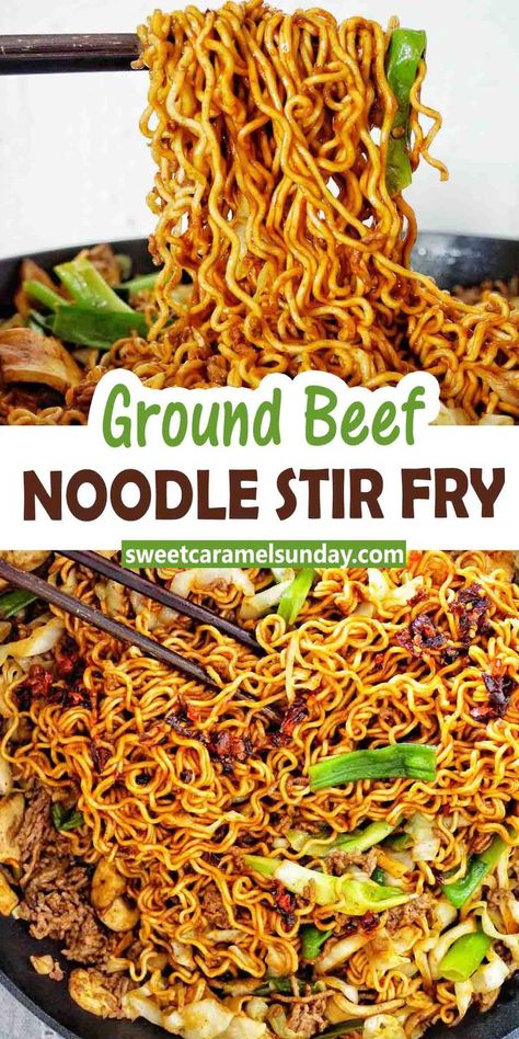 Ground Beef Teriyaki Ramen, Asian Style Ground Beef Noodles, Ground Beef Noodle Stir Fry, Easy Takeout Recipes, Ground Beef Ramen Stir Fry, Asian Dishes With Ground Beef, Ground Beef Teriyaki Recipe, Hamburger Stir Fry Recipes, Ground Beef Ramen Noodle Recipes