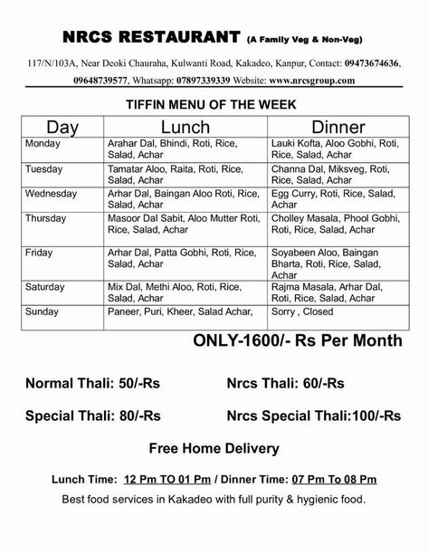 Tiffin Service Menu Card, Tiffin Service Menu Card Indian, Tiffin Service Poster Ideas, Tiffin Menu, Tiffin Service, Menu Card Design, Weekly Menu Planners, Tiffin Box, Food Chart