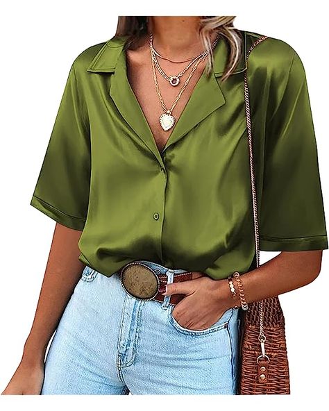 Chigant Woman Plus Size Button Down Shirts Short Sleeve Satin Blouses V-Neck Satin Tops Army Green at Amazon Women’s Clothing store Satin Shirts For Women, Silk Blouse Outfit, Green Satin Top, White Satin Top, Satin Shirts, Satin Button Up, Gorgeous Blouses, Satin Blouses, Tops Casual