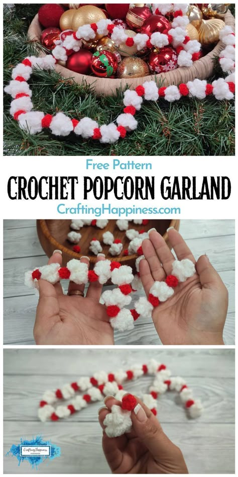 Free pattern for a retro crochet Christmas popcorn garland complete with red berries. Written pattern and video tutorial by Crafting Happiness. Fancy Crochet Patterns, Crochet Christmas Decor Ideas, Christmas Decor Crochet Free Pattern, Crocheted Christmas Decorations, Crochet Popcorn, Holiday Kids Crafts, Christmas Crochet Garland Free Pattern, Crocheted Popcorn Garland, Crochet Popcorn Garland Free Pattern