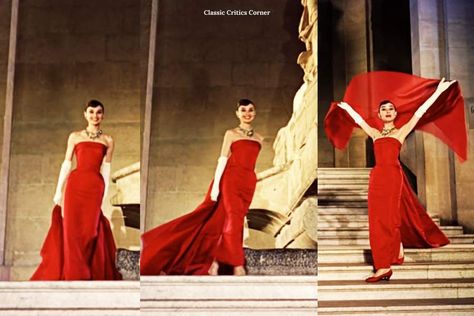 Funny Face Red Dress, Audrey Hepburn Inspired Prom Dress, Audrey Hepburn Prom Dress, Audrey Hepburn Gown, 1960s Red Dress, Old Hollywood Red Dress, Audrey Hepburn Dress Gowns, Red Hollywood Dress, Audrey Hepburn Red Dress