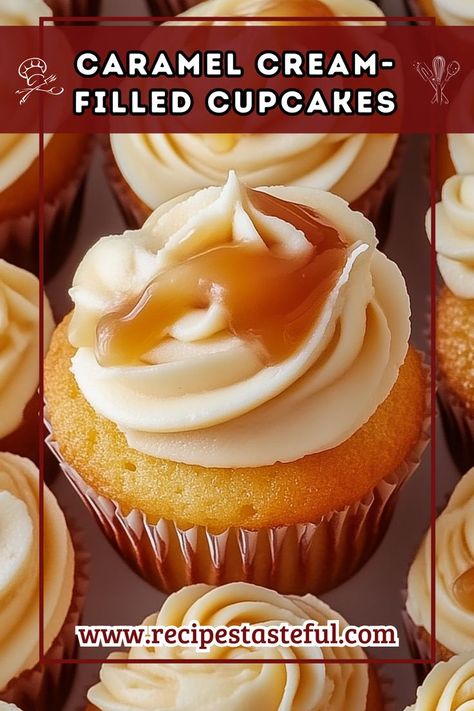 Indulge in these delightful Caramel Cream-Filled Cupcakes that are soft and fluffy, filled with a rich whipped cream, and topped with a luscious homemade caramel sauce. Perfect for any occasion, these cupcakes are sure to impress! Caramel Cupcake Filling, Cupcake Filling, Cream Filled Cupcakes, Moist Cupcakes, Caramel Cupcakes, Homemade Caramel Sauce, Filled Cupcakes, Caramel Creams, Vanilla Pudding Mix